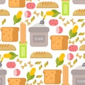 Everyday food common goods organic products seamless pattern background shopping in supermarket vector illustration.