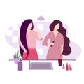 Everyday home routine, daily life. Girl couple, homosexual romantic partners. Two women brush their teeth in the bathroom