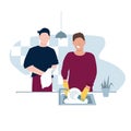 Everyday home routine, daily life. Men couple, homosexual boys. Two guys wash dishes in the kitchen Royalty Free Stock Photo