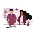 Everyday home routine, daily life. Multi ethnic couple. Different nationalities and cultures