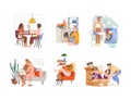 Everyday life routine scenes set. People meeting friends, doing laundry, ironing, reading book, having fun vector