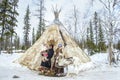 Everyday life of Russian aboriginal reindeer herders in the Arctic. Royalty Free Stock Photo