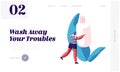 Everyday Routine and Bathing Website Landing Page. Tiny Male Character Carry Huge Cosmetics Bottle with Shampoo or Cream