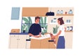 Everyday routine of young couple. Household of husband and wife. Cute family and cats at kitchen, daily home scene. Guy