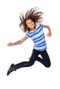 Everyday was made to play. Studio shot of a young girl jumping for joy against a white background. Royalty Free Stock Photo