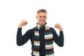 Everyday winner. excited man isolated on white. keep neck warm. feel comfortable. happy man in knitted scarf. cheerful