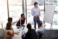 Everyone contributes on his team. a businessman giving a whiteboard presentation to a group of colleagues in a boardroom Royalty Free Stock Photo