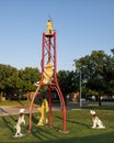 `Everyone Goes Home` by artist Jim Collins outside the Fire Department in Plano, Texas.