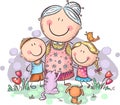 Everyone loves granny, grandmother with grandchilren and pets, colorful vector clipart