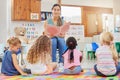 Everyone loves story time. Shot of a young woman reading to her preschool students. Royalty Free Stock Photo