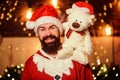 Everyone will get a present. wait for xmas presents. happy bearded man with bear. new year gifts. christmas decoration Royalty Free Stock Photo