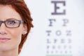 Everything became fully focused. a woman wearing glasses and standing in front of an eye chart.