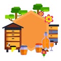 Everything for beekeeping and apiary cartoon vector illustration. Bee, honeycomb, beehive and honey jars. Apiary yellow