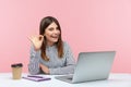 Everything is fine! Positive satisfied businesswoman in striped shirt showing ok gesture, approval hand sign, working on laptop at
