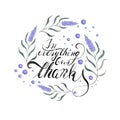 In everything give thanks Christian Bible Scripture Design Emblem with lavender wreath