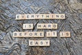 everything is hard before it is easy text on wooden square, motivation quotes. Royalty Free Stock Photo