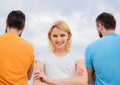 Everything need know about choosing right guy. Girl stand in front two faceless men. Pick better boyfriend. Hard Royalty Free Stock Photo