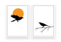 Raven silhouette flying on sunset and raven bird on branch, vector Royalty Free Stock Photo