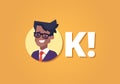 Everything is OK. Happy young black businessman in suit and tie winking and smiling. Inscription OK. Vector illustration