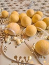 Everything is ready for making beads - wool balls, beads and a satin ribbon. Royalty Free Stock Photo