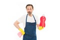 Everything should be perfect. Cleaning service and household duty. Man in rubber gloves hold bottle liquid soap chemical