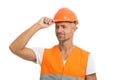 Everything is under control. Safety concept. Man wear protective hard hat and uniform. Cheerful builder. Protective