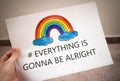 Everything will be fine, is gonna be alright in hand drawing letters and a rainbow with clouds drawn by a child. quarantine corona