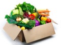 Everything you could ask for in ingredients. Studio shot of a cardboard box filled with fruit and vegetables. Royalty Free Stock Photo