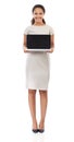 Everything you need is right here. Full length studio shot of a young businesswoman displaying a blank laptop screen Royalty Free Stock Photo