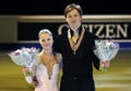 Evgenia TARASOVA / Vladimir MOROZOV pose with bronze medals Royalty Free Stock Photo