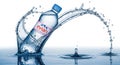 Evian water bottle splashing through clear water creating dynamic waves Royalty Free Stock Photo