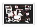 Evidence board with red strings black and white 2D cartoon object