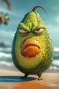 The evil avocado supervillain standing on a tropical beach, 3D illustration