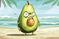 The evil avocado supervillain standing on a tropical beach, 3D illustration