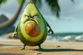 The evil avocado supervillain standing on a tropical beach, 3D illustration