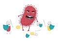 Evil bacterium with antibiotic resistance illustration. Red monster coronavirus destroys pills with shields and swords.