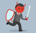 Evil businessman holding a sword and shield