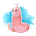 Evil cartoon worm mascot with sly smile