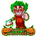 Evil clown holding a knif wishes happy halloween on isolated white background