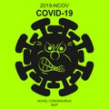 Evil Coronavirus 2019-nCoV. Corona virus icon. Black sketch isolated on neon Green background. Pathogen respiratory infection.