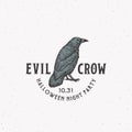 Evil Crow Party Vintage Style Halloween Logo or Label Template. Hand Drawn Black Crow or Raven Sketch Symbol and Retro