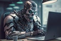 Evil cyborg robot took away the workplace from an office employee and now works as a clerk, doing boring monotonous work Royalty Free Stock Photo