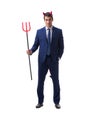 Evil devil businessman with pitchfork isolated on white backgrou Royalty Free Stock Photo