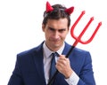 Evil devil businessman with pitchfork isolated on white backgrou Royalty Free Stock Photo