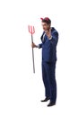 Evil devil businessman with pitchfork isolated on white backgrou Royalty Free Stock Photo