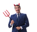 Evil devil businessman with pitchfork isolated on white backgrou Royalty Free Stock Photo