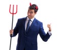 Evil devil businessman with pitchfork isolated on white backgrou Royalty Free Stock Photo