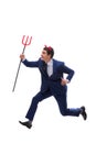 Evil devil businessman with pitchfork isolated on white backgrou Royalty Free Stock Photo