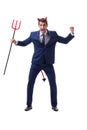 Evil devil businessman with pitchfork isolated on white backgrou Royalty Free Stock Photo