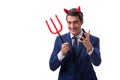 Evil devil businessman with pitchfork isolated on white backgrou Royalty Free Stock Photo